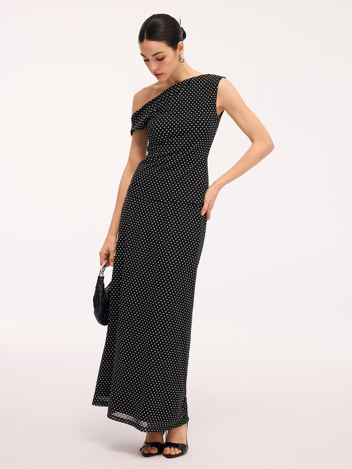 Valantomode | Chic Polka Dot One-Shoulder Top & Maxi Skirt Ensemble