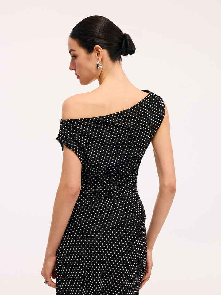 Valantomode | Chic Polka Dot One-Shoulder Top & Maxi Skirt Ensemble