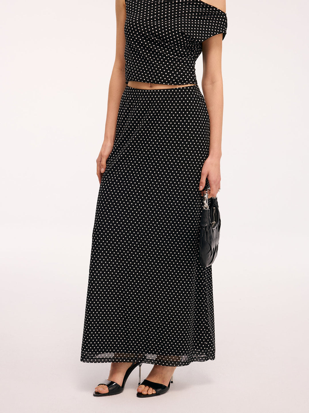 Valantomode | Chic Polka Dot One-Shoulder Top & Maxi Skirt Ensemble