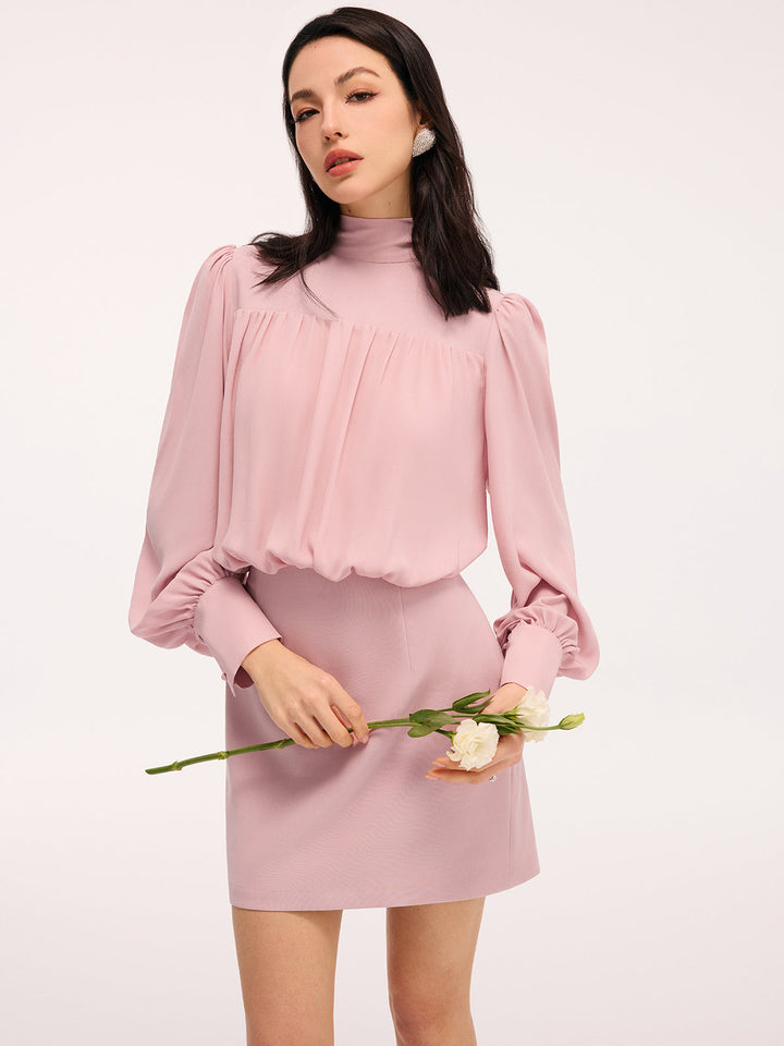 Valantomode | Chic Puff-Sleeve Blouson Dress with Back Bow Detail