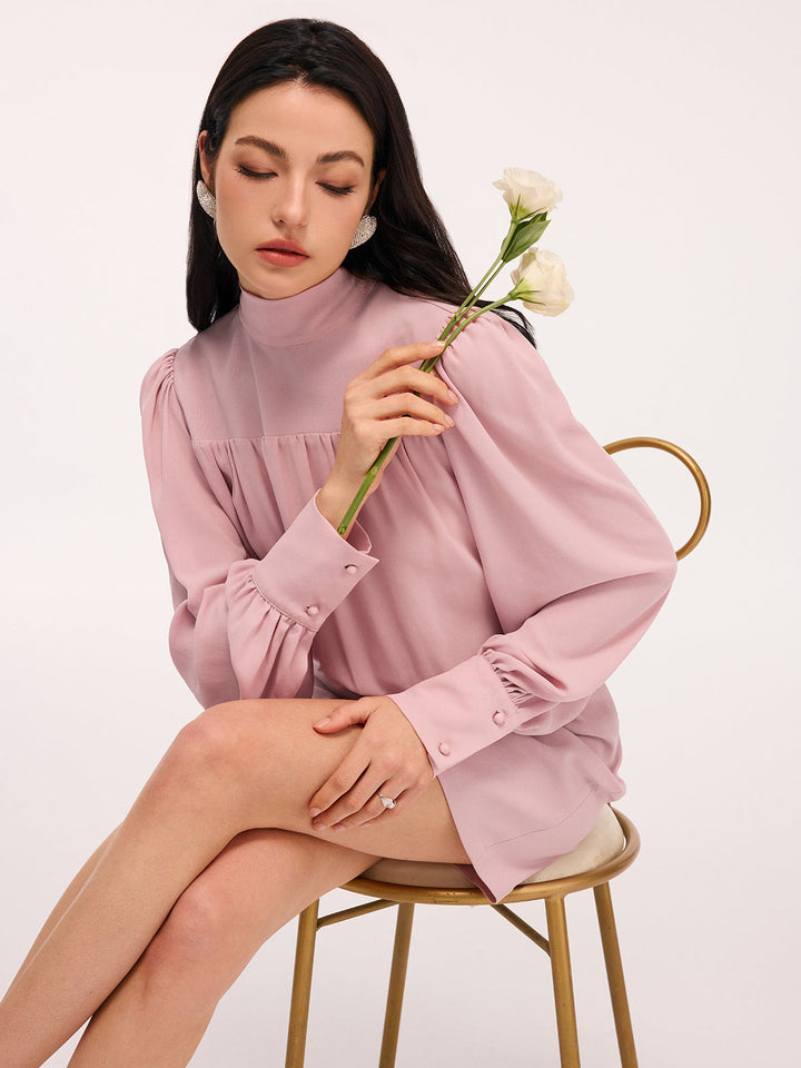 Valantomode | Chic Puff-Sleeve Blouson Dress with Back Bow Detail