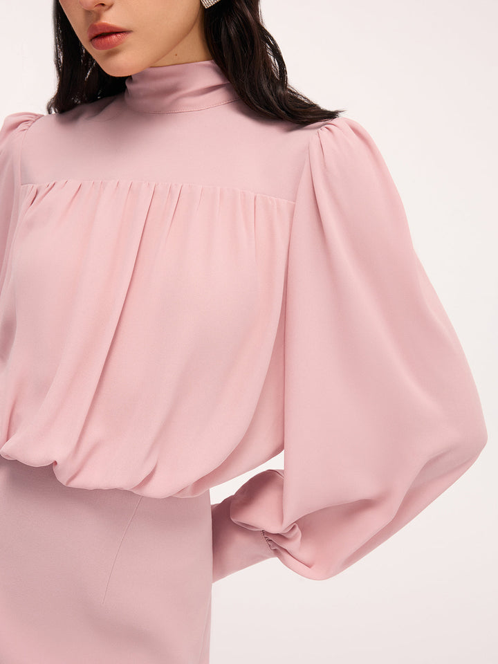 Valantomode | Chic Puff-Sleeve Blouson Dress with Back Bow Detail