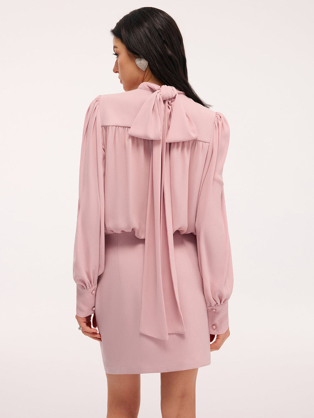Valantomode | Chic Puff-Sleeve Blouson Dress with Back Bow Detail