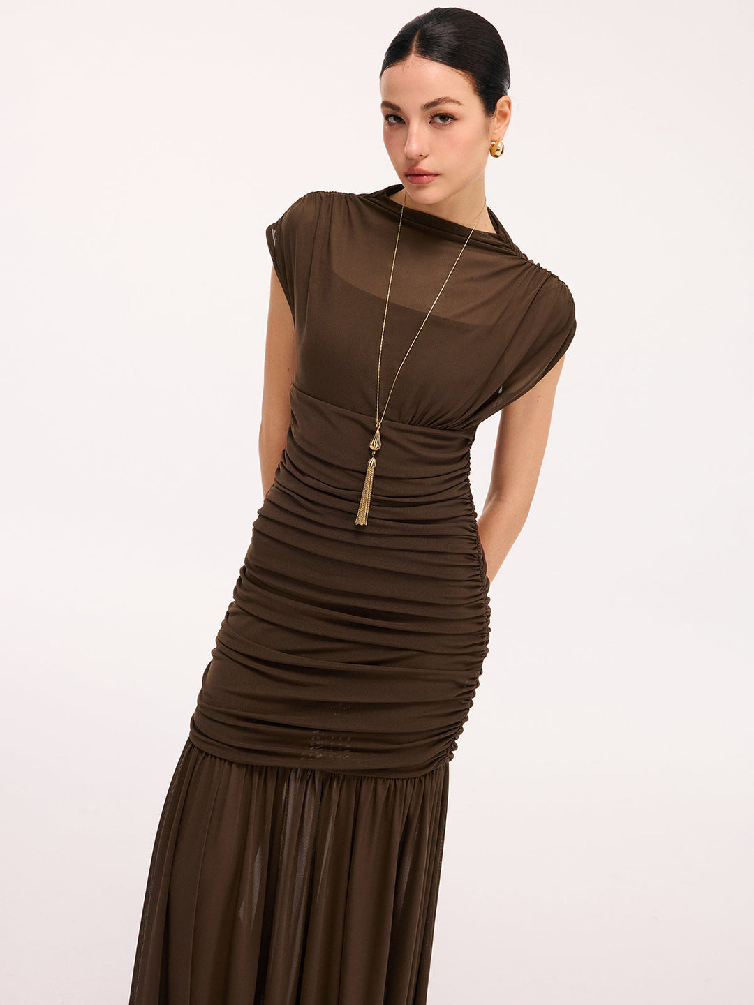 Valantomode | Elegant Semi-Sheer Ruched Mesh Maxi Dress with Cap Sleeves