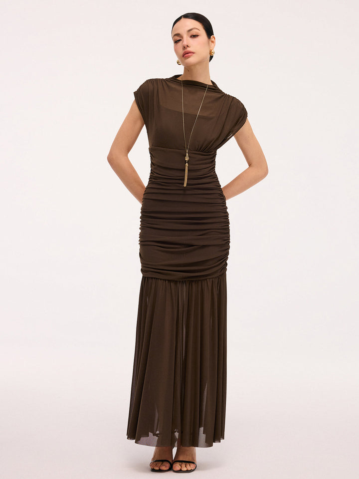 Valantomode | Elegant Semi-Sheer Ruched Mesh Maxi Dress with Cap Sleeves