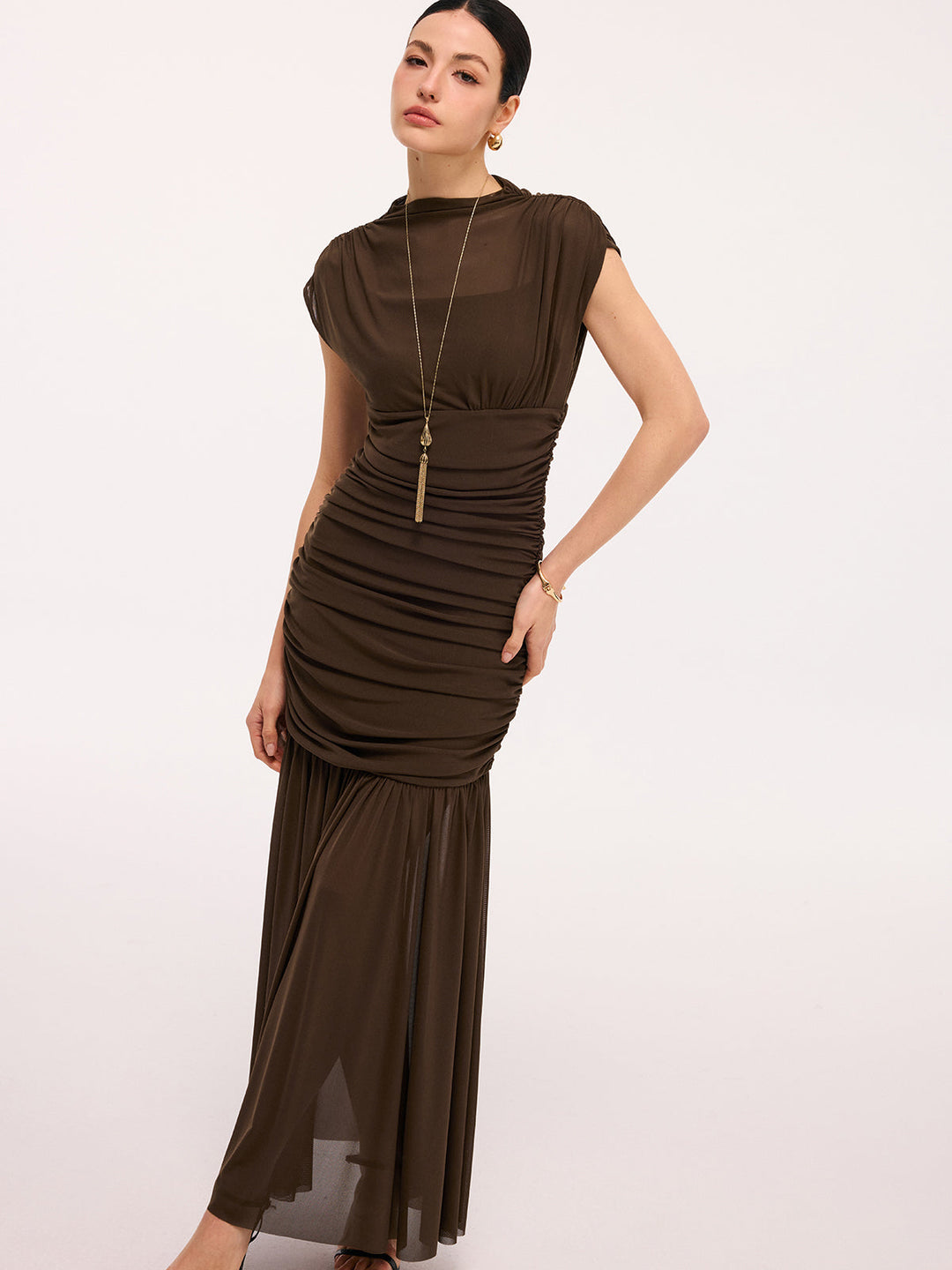Valantomode | Elegant Semi-Sheer Ruched Mesh Maxi Dress with Cap Sleeves