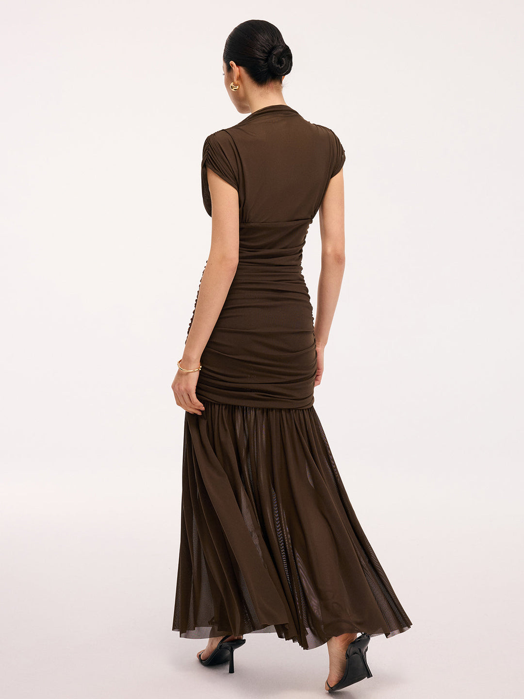 Valantomode | Elegant Semi-Sheer Ruched Mesh Maxi Dress with Cap Sleeves