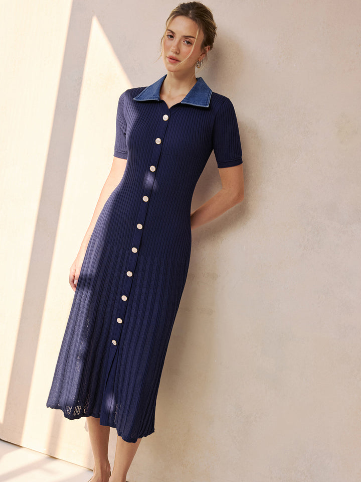 Valantomode | Chic Denim Collar Ribbed Knit Midi Dress for Effortless Style
