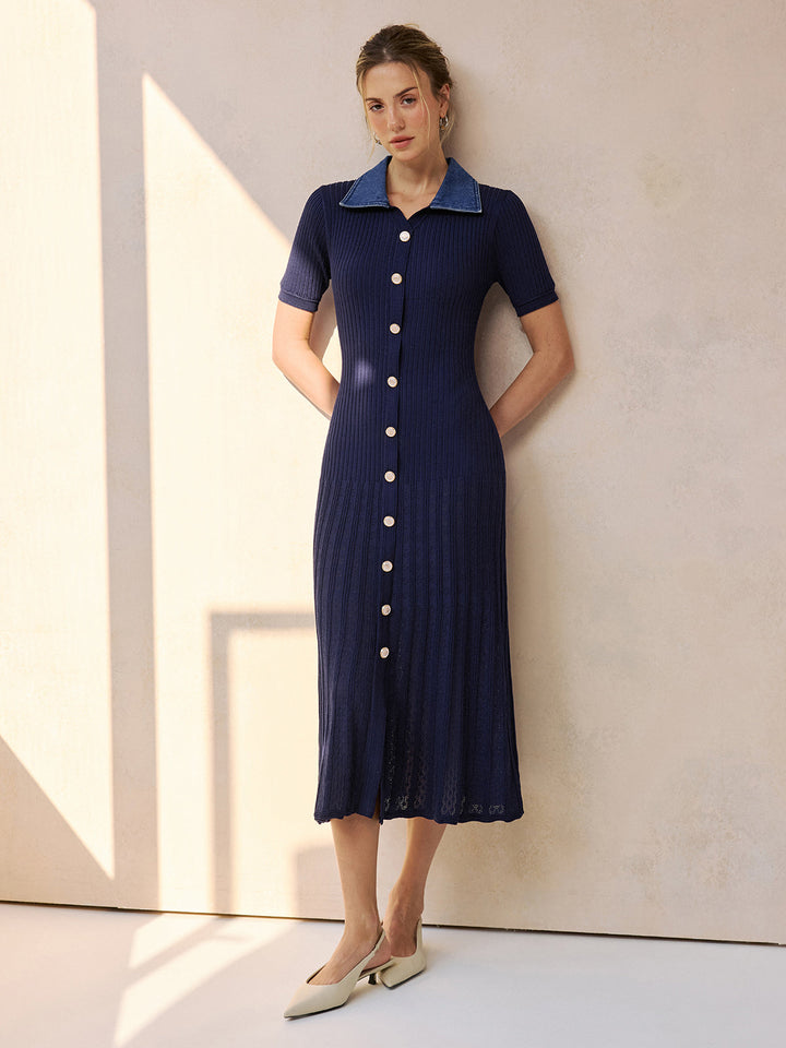 Valantomode | Chic Denim Collar Ribbed Knit Midi Dress for Effortless Style