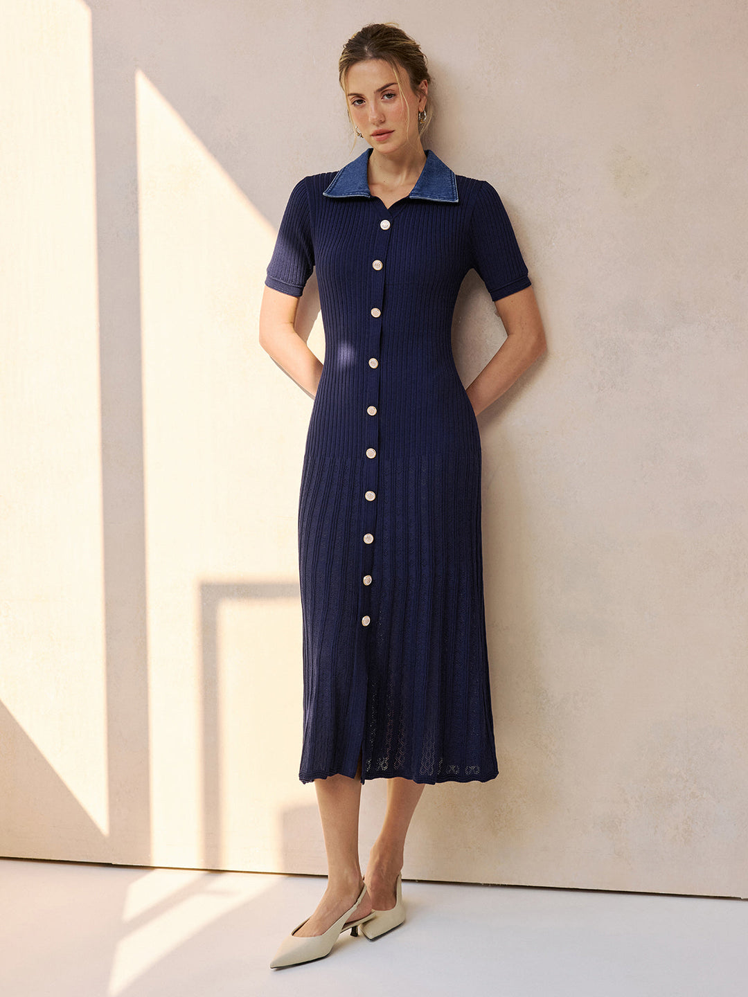 Valantomode | Chic Ribbed Knit Midi Dress with Denim Collar