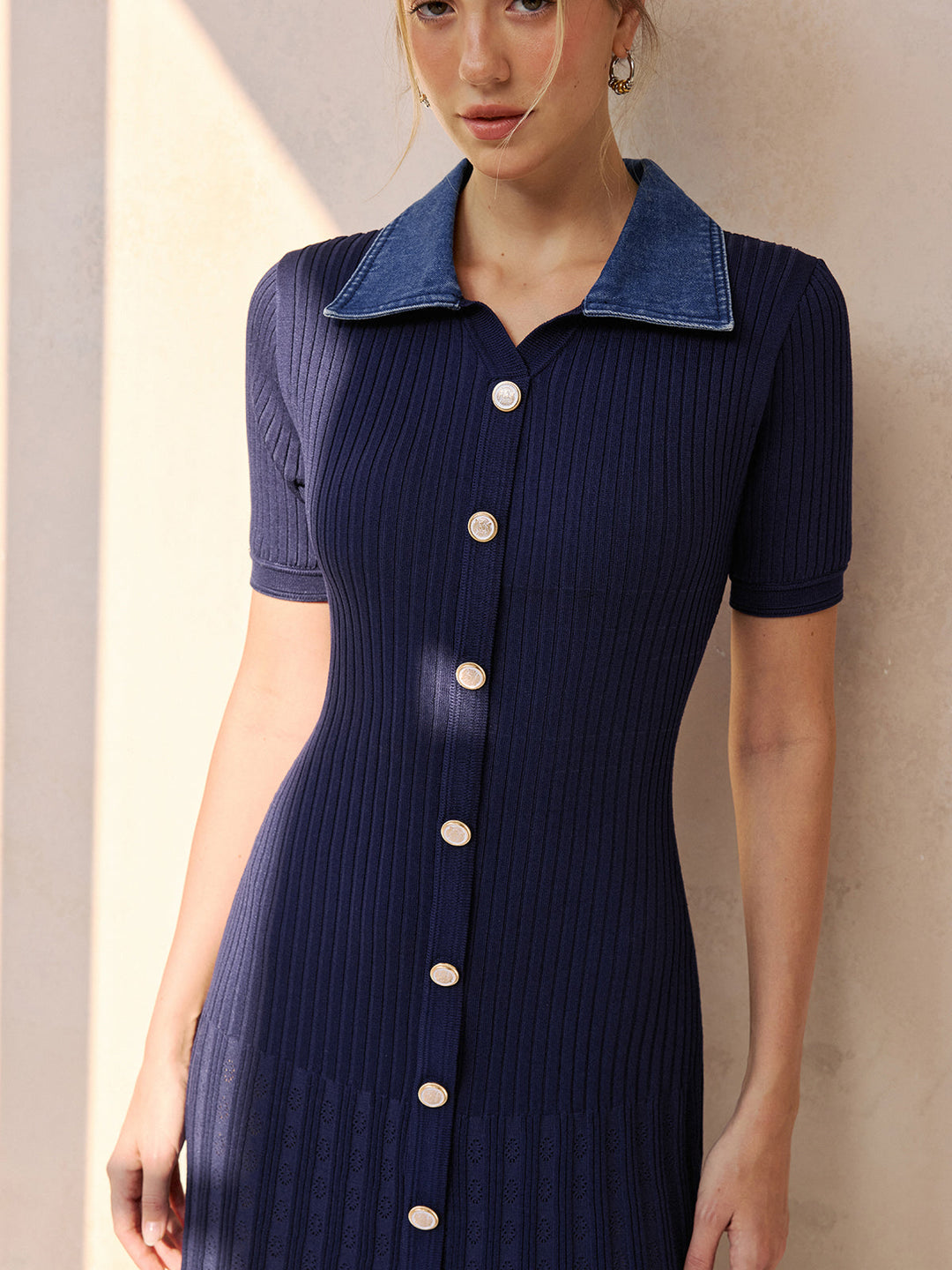 Valantomode | Chic Ribbed Knit Midi Dress with Denim Collar