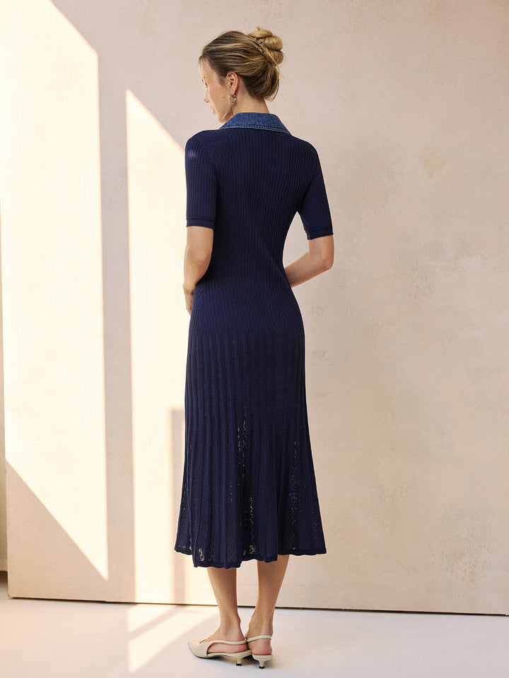 Valantomode | Chic Denim Collar Ribbed Knit Midi Dress for Effortless Style