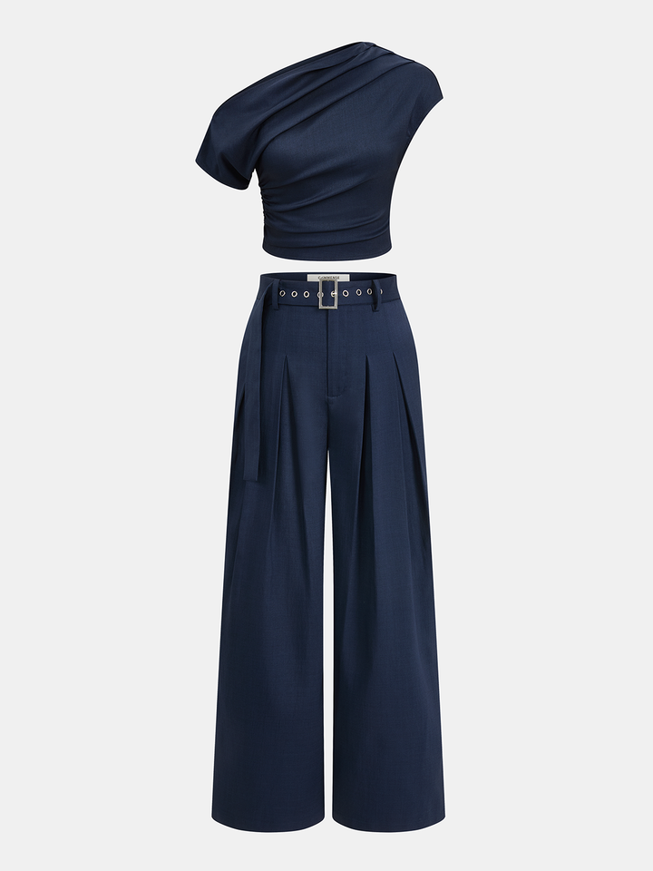 Valantomode | Chic One-Shoulder Top & Flowing Wide-Leg Pants Set