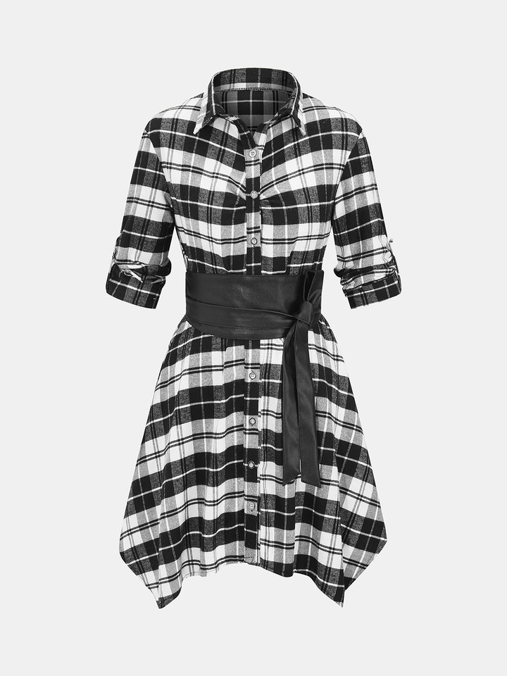 Valantomode | Stylish Adjustable Plaid Shirt Dress with Waist-Cincher