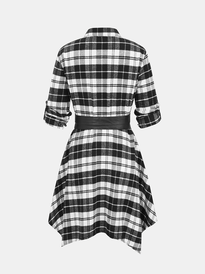 Valantomode | Stylish Adjustable Plaid Shirt Dress with Waist-Cincher