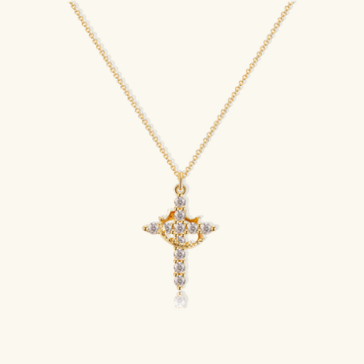 Valantomode | Plated Beatrix Crown and Cross Necklace with Cruciform Architecture and Refractive Assets