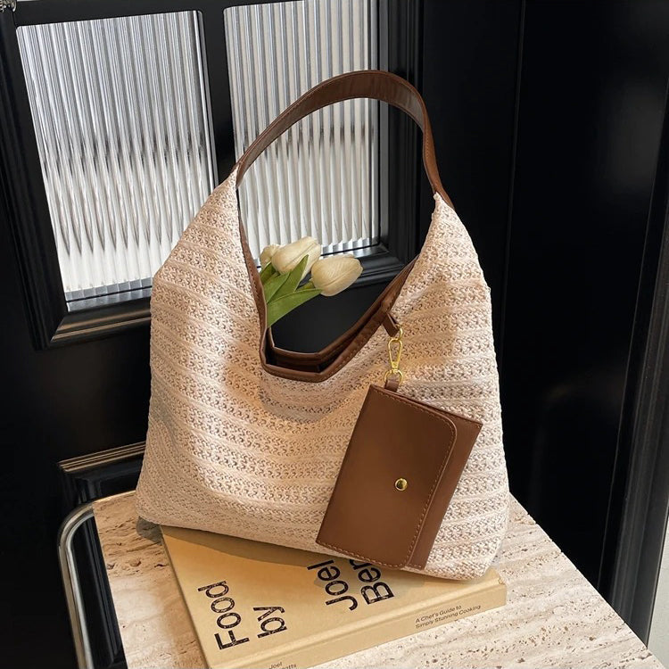 Valantomode | Solstice Kinetic Hobo – Premium Woven Straw Shoulder Bag with Vegan Leather Trim & Detachable Wallet