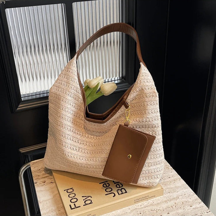 Valantomode | Solstice Kinetic Hobo – Premium Woven Straw Shoulder Bag with Vegan Leather Trim & Detachable Wallet