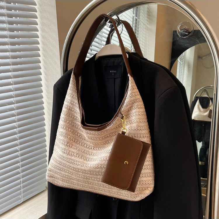 Valantomode | Solstice Kinetic Hobo – Premium Woven Straw Shoulder Bag with Vegan Leather Trim & Detachable Wallet