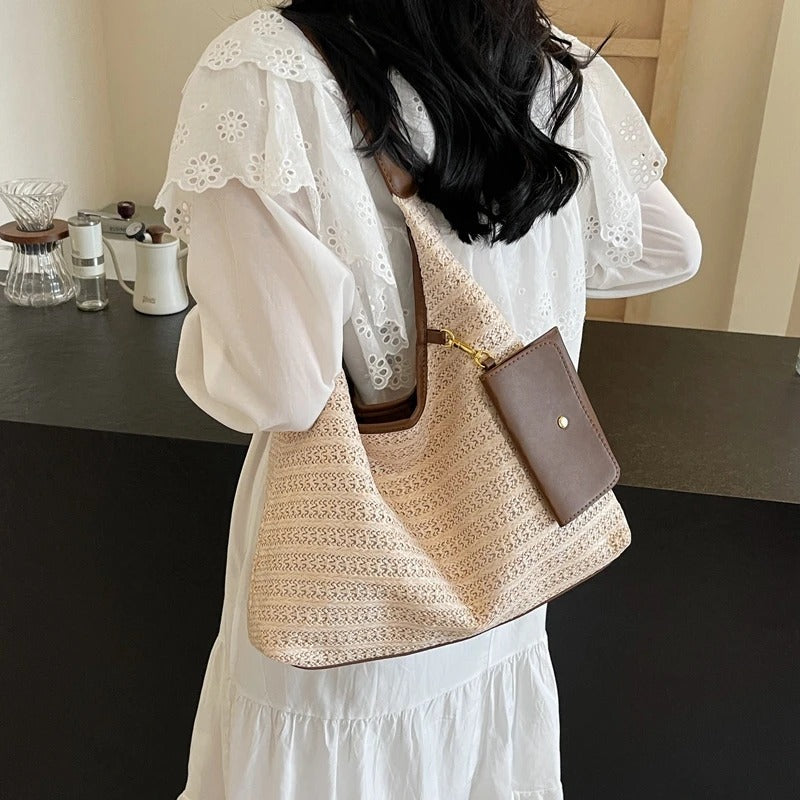Valantomode | Solstice Kinetic Hobo – Premium Woven Straw Shoulder Bag with Vegan Leather Trim & Detachable Wallet