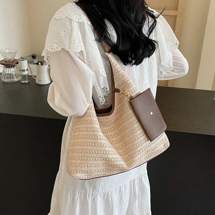 Valantomode | Solstice Kinetic Hobo – Premium Woven Straw Shoulder Bag with Vegan Leather Trim & Detachable Wallet