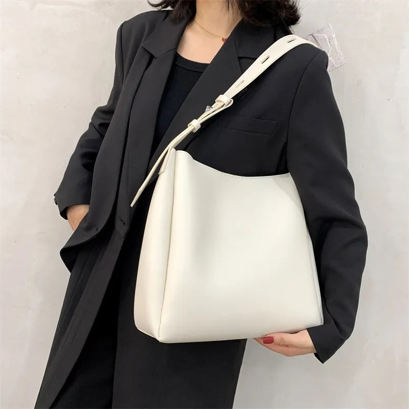 Valantomode | Luna Minimalist Hobo – Premium Vegan Leather Wide-Strap Shoulder Bag with Pouch