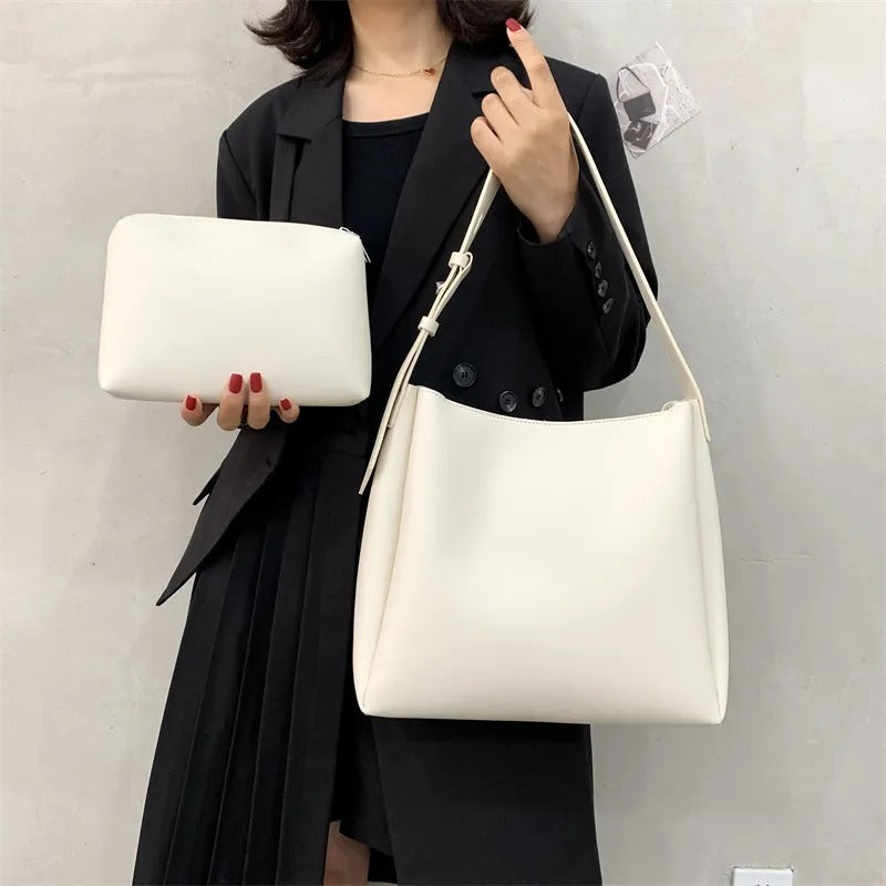 Valantomode | Luna Minimalist Hobo – Premium Vegan Leather Wide-Strap Shoulder Bag with Pouch