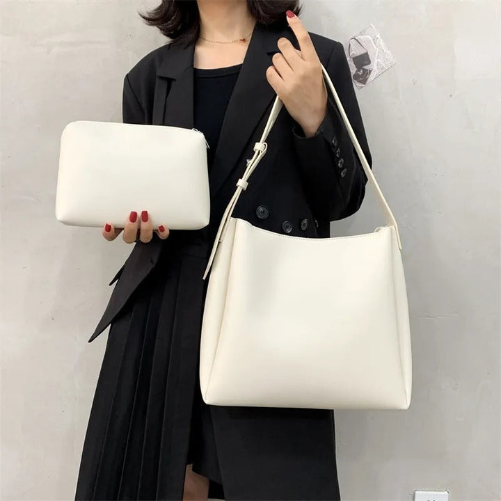 Valantomode | Luna Minimalist Hobo – Premium Vegan Leather Wide-Strap Shoulder Bag with Pouch
