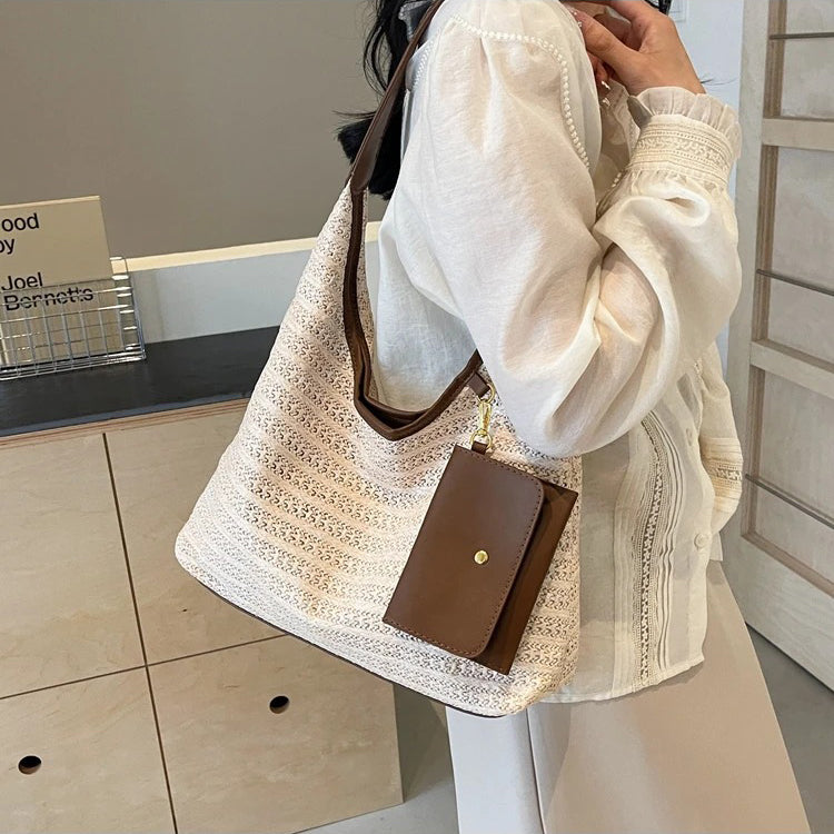 Valantomode | Solstice Kinetic Hobo – Premium Woven Straw Shoulder Bag with Vegan Leather Trim & Detachable Wallet