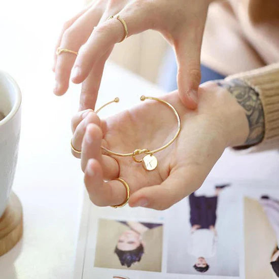 Valantomode | Gold Plated Initial Charm Bangle for Women