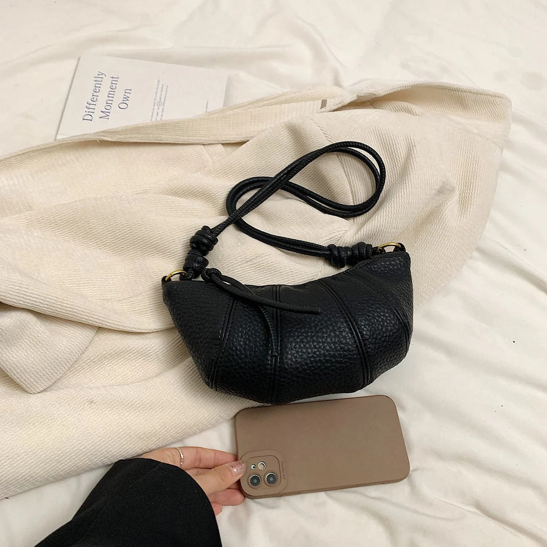 Valantomode | Aura Crescent Crossbody – Premium Vegan Leather Curved Shoulder Bag with Gold-Tone Accents