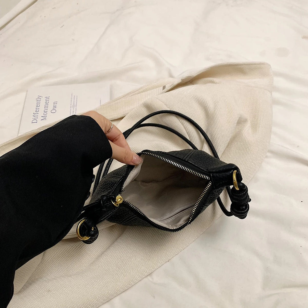 Valantomode | Aura Crescent Crossbody – Premium Vegan Leather Curved Shoulder Bag with Gold-Tone Accents