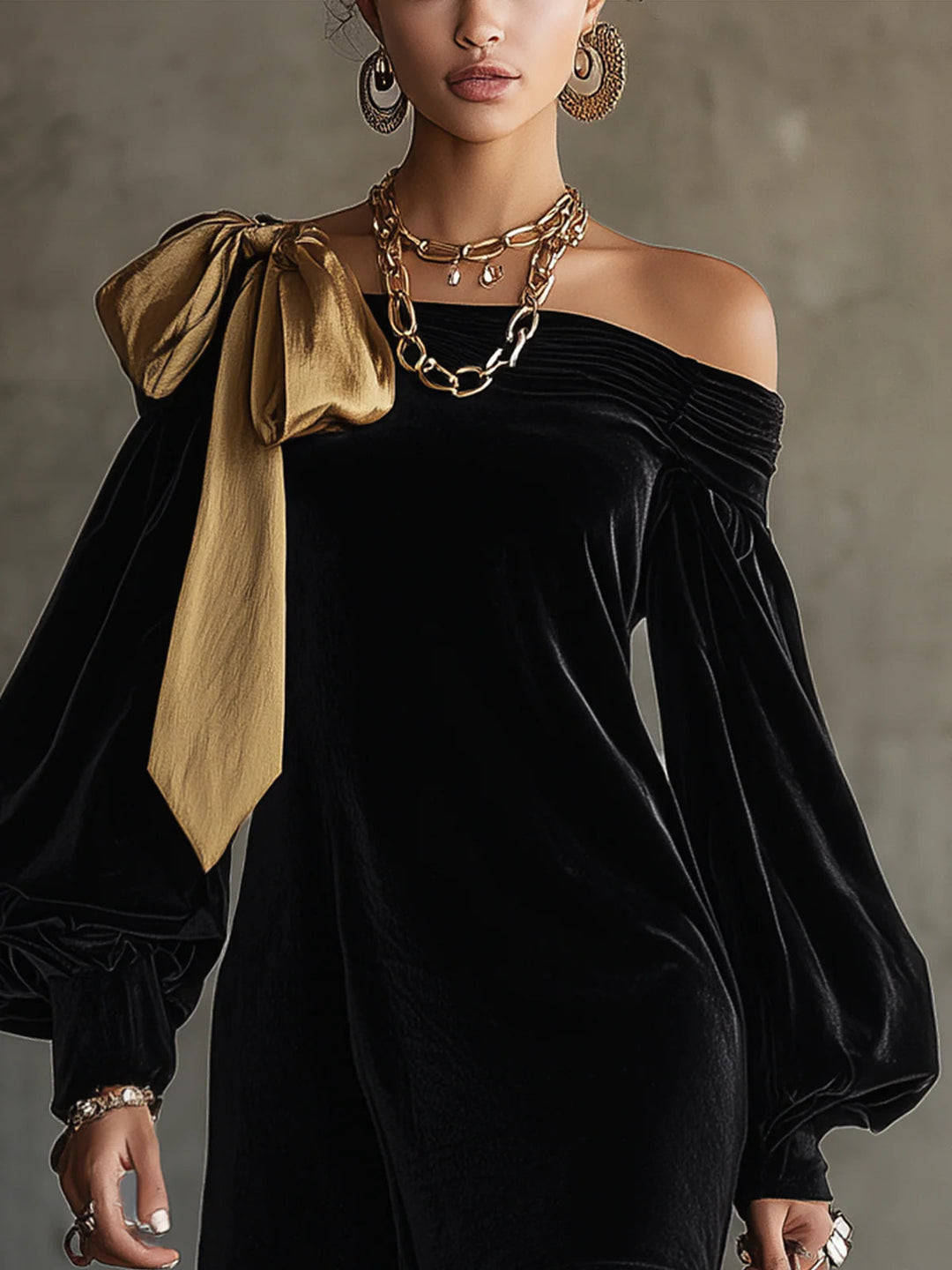 Valantomode | Off Shoulder Velvet and Gold Satin Mini Dress for Parties