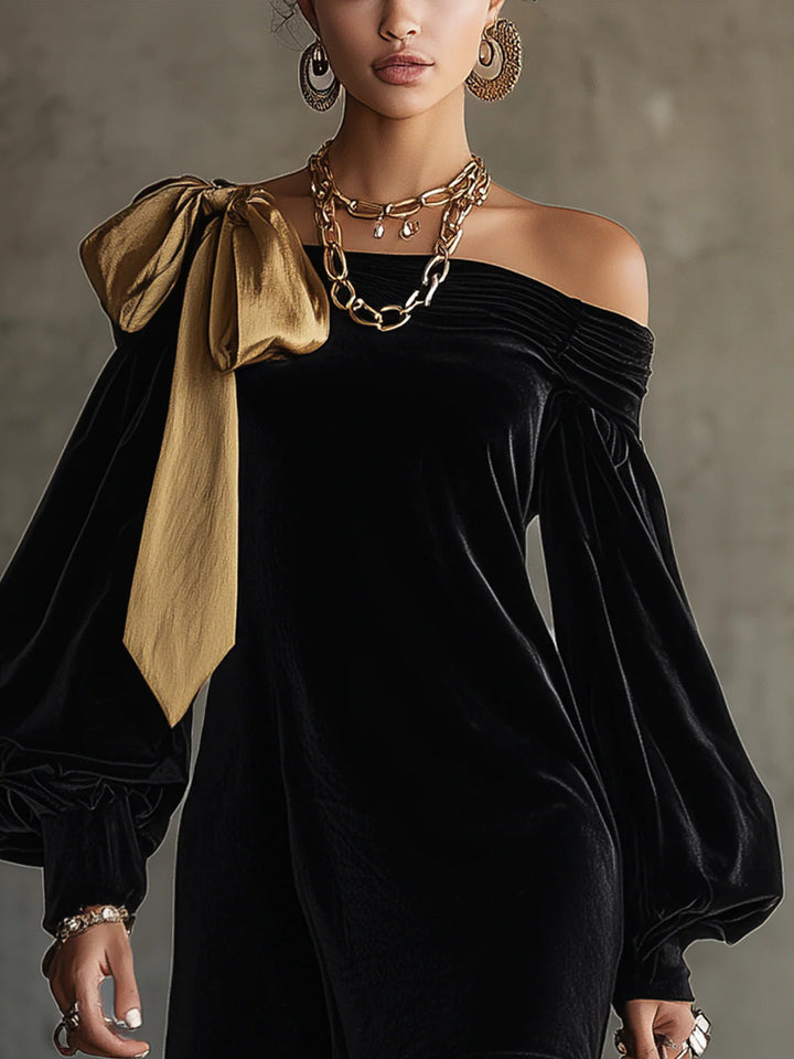 Valantomode | Off Shoulder Velvet and Gold Satin Mini Dress for Parties