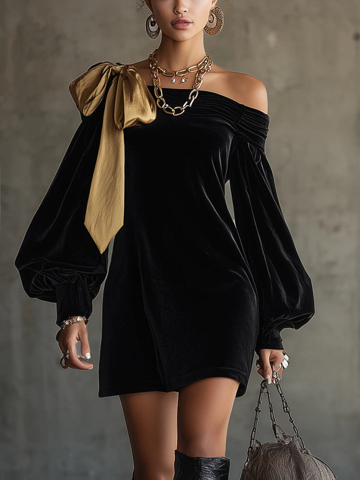 Valantomode | Off Shoulder Velvet and Gold Satin Mini Dress for Parties