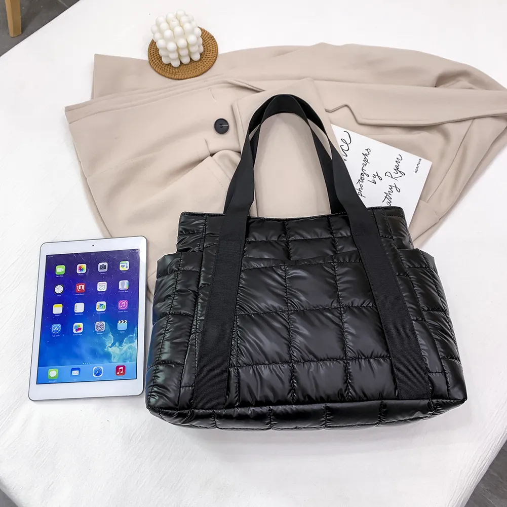 Valantomode | The Satin Aegis Logistics – Women's Premium Quilted High-Glow Tote Bag