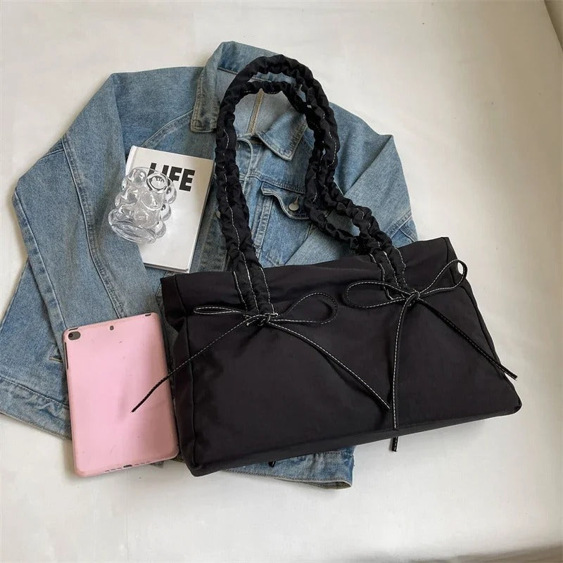 Valantomode | Luna Ribbon Kinetic Tote – Lightweight Adjustable Nylon Shoulder Bag with Ribbon Detail