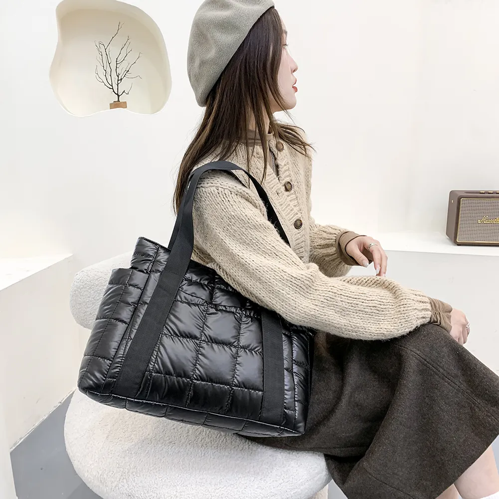 Valantomode | The Satin Aegis Logistics – Women's Premium Quilted High-Glow Tote Bag