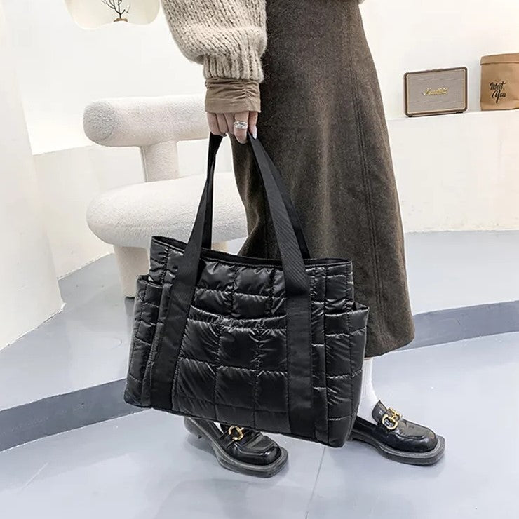 Valantomode | The Satin Aegis Logistics – Women's Premium Quilted High-Glow Tote Bag