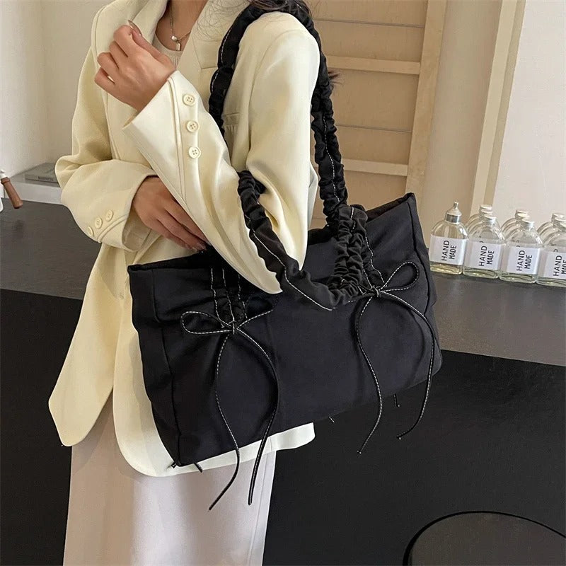 Valantomode | Luna Ribbon Kinetic Tote – Lightweight Adjustable Nylon Shoulder Bag with Ribbon Detail