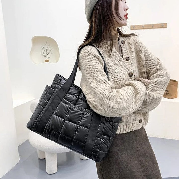 Valantomode | The Satin Aegis Logistics – Women's Premium Quilted High-Glow Tote Bag