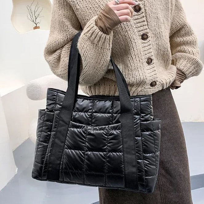 Valantomode | The Satin Aegis Logistics – Women's Premium Quilted High-Glow Tote Bag