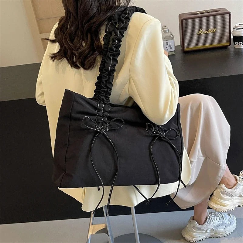 Valantomode | Luna Ribbon Kinetic Tote – Lightweight Adjustable Nylon Shoulder Bag with Ribbon Detail