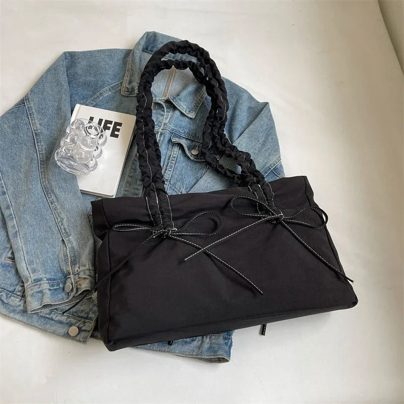 Valantomode | Luna Ribbon Kinetic Tote – Lightweight Adjustable Nylon Shoulder Bag with Ribbon Detail