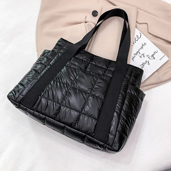 Valantomode | The Satin Aegis Logistics – Women's Premium Quilted High-Glow Tote Bag