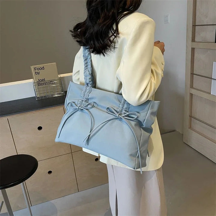 Valantomode | Luna Ribbon Kinetic Tote – Lightweight Adjustable Nylon Shoulder Bag with Ribbon Detail
