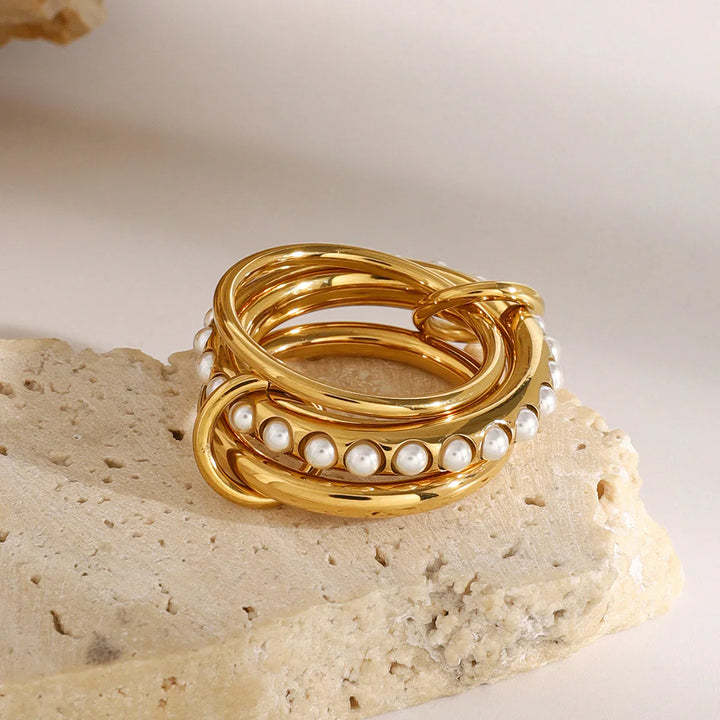 Valantomode | Plated Interwoven Multi-Band Ring with Integrated Freshwater Pearl Assets