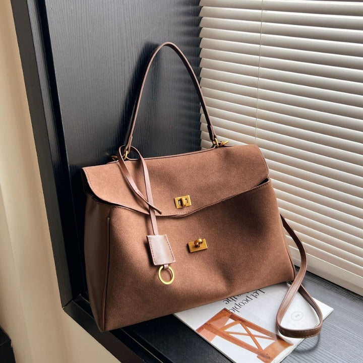 Valantomode | Velvet Vanguard Tote – Premium Faux Suede Business Bag with Turn-Lock & Vegan Leather Handles
