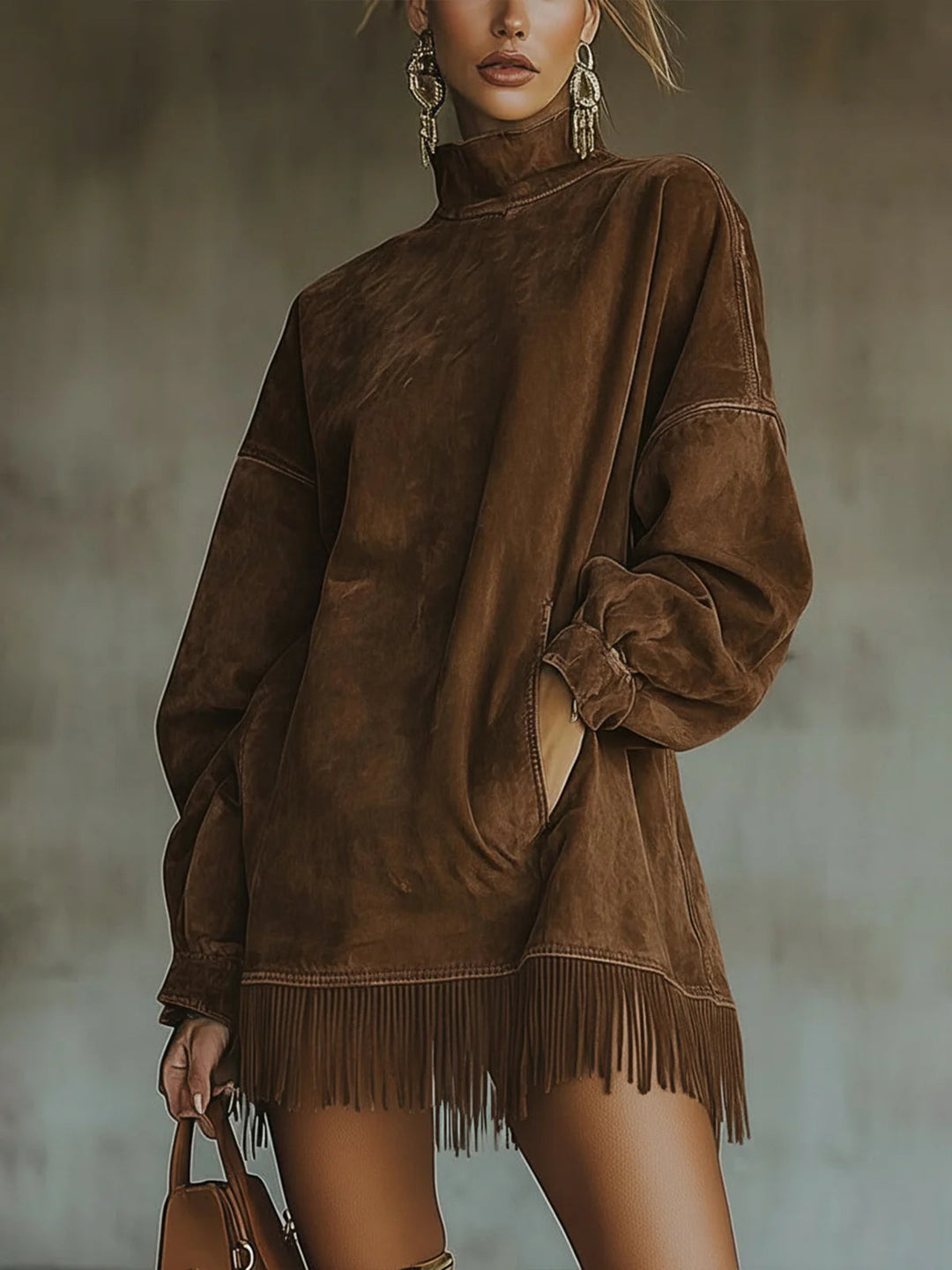 Valantomode | Chic Suede Dress with Turtleneck and Trendy Fringe