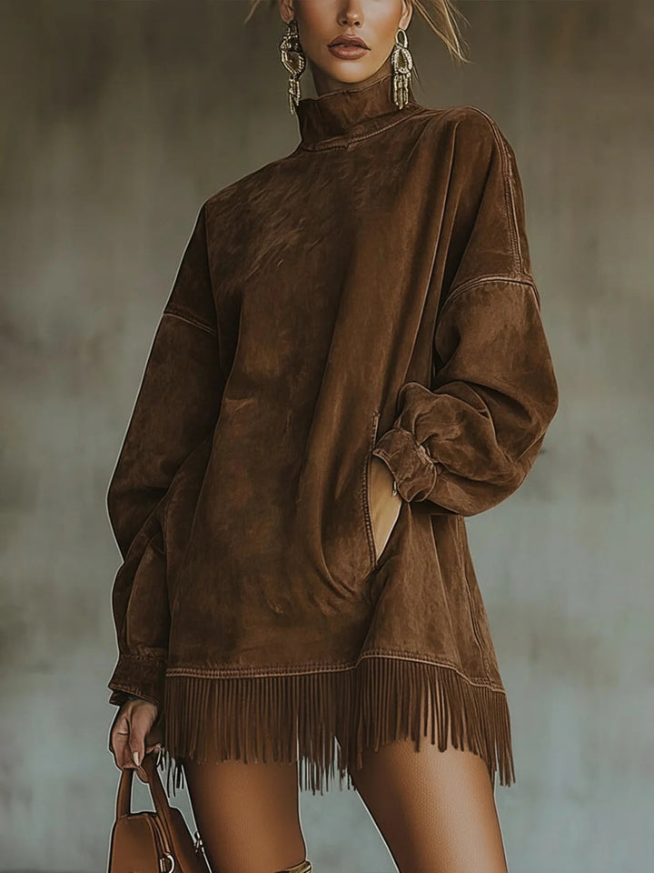 Valantomode | Chic Suede Dress with Turtleneck and Trendy Fringe